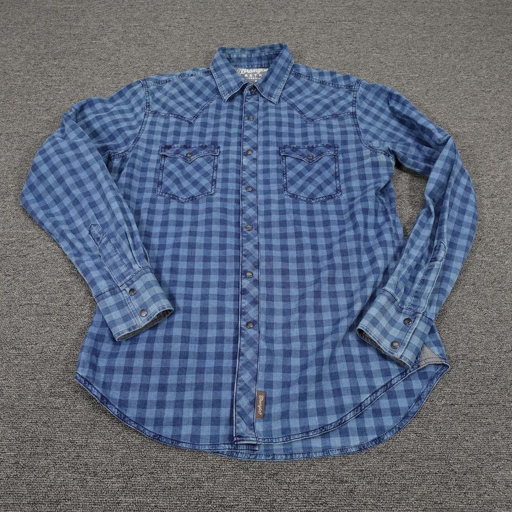 Wrangler Retro Shirt Mens Medium Blue Check Western Snap Front Long Sleeve